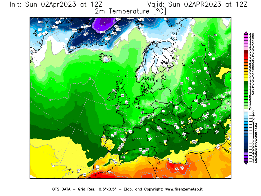 Mappa di analisi GFS - Temperatura a 2 metri dal suolo [°C] in Europa
							del 02/04/2023 12 <!--googleoff: index-->UTC<!--googleon: index-->