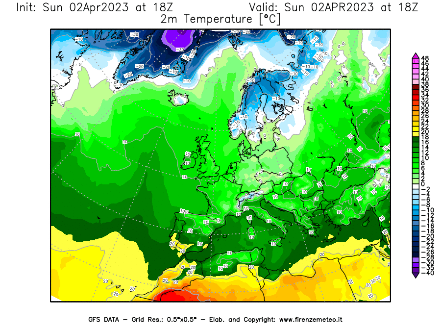 GFS analysi map - Temperature at 2 m above ground [°C] in Europe
									on 02/04/2023 18 <!--googleoff: index-->UTC<!--googleon: index-->