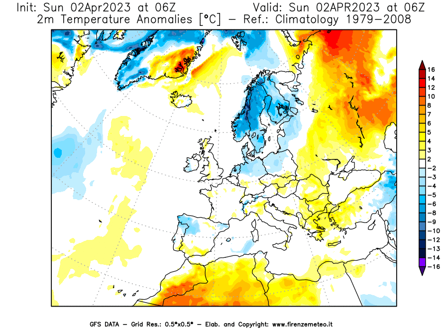 Mappa di analisi GFS - Anomalia Temperatura [°C] a 2 m in Europa
							del 02/04/2023 06 <!--googleoff: index-->UTC<!--googleon: index-->