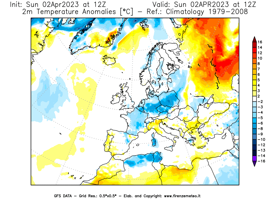 Mappa di analisi GFS - Anomalia Temperatura [°C] a 2 m in Europa
							del 02/04/2023 12 <!--googleoff: index-->UTC<!--googleon: index-->