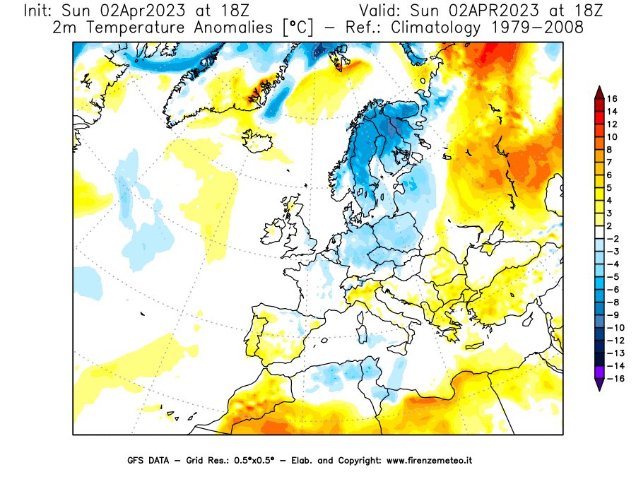 GFS analysi map - Temperature Anomalies [°C] at 2 m in Europe
									on 02/04/2023 18 <!--googleoff: index-->UTC<!--googleon: index-->