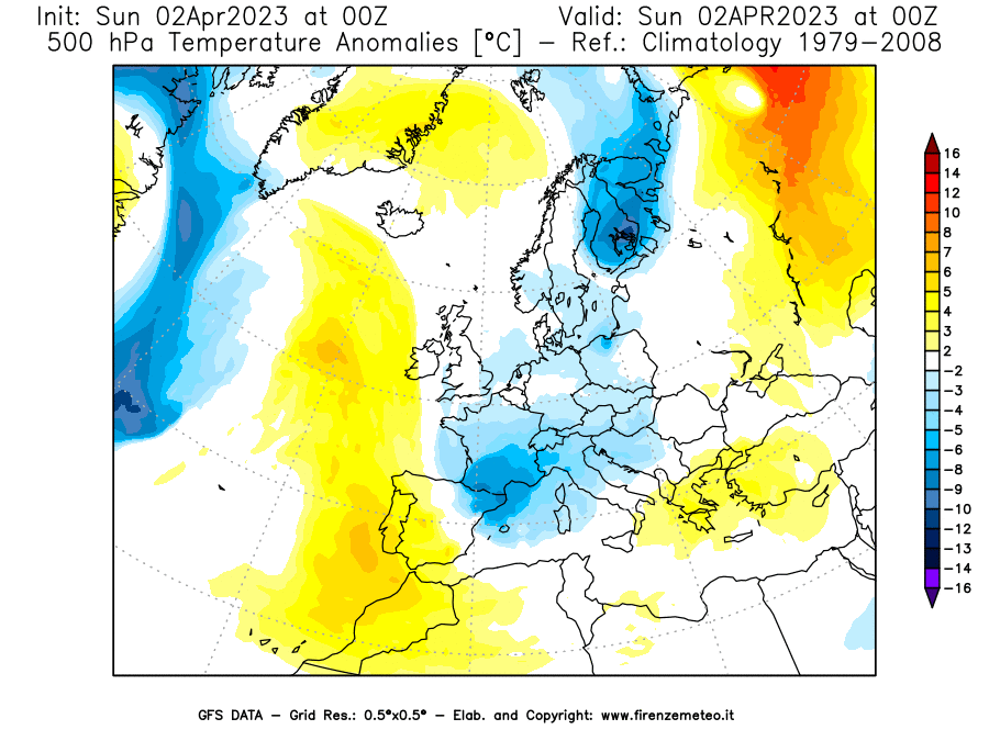 Mappa di analisi GFS - Anomalia Temperatura [°C] a 500 hPa in Europa
							del 02/04/2023 00 <!--googleoff: index-->UTC<!--googleon: index-->