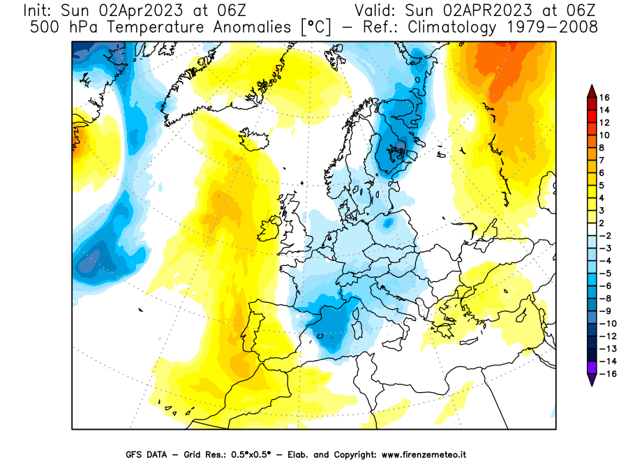 Mappa di analisi GFS - Anomalia Temperatura [°C] a 500 hPa in Europa
							del 02/04/2023 06 <!--googleoff: index-->UTC<!--googleon: index-->