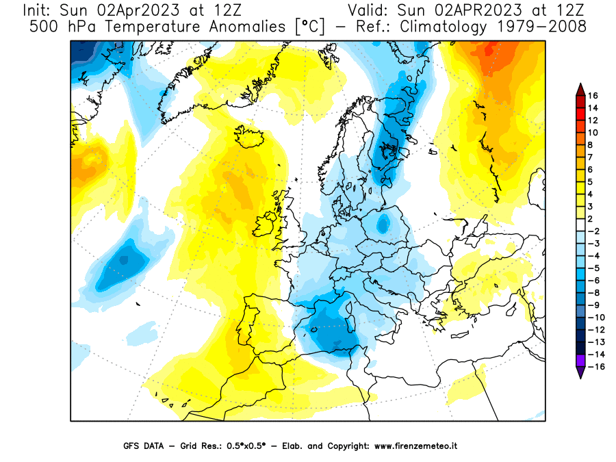 Mappa di analisi GFS - Anomalia Temperatura [°C] a 500 hPa in Europa
							del 02/04/2023 12 <!--googleoff: index-->UTC<!--googleon: index-->