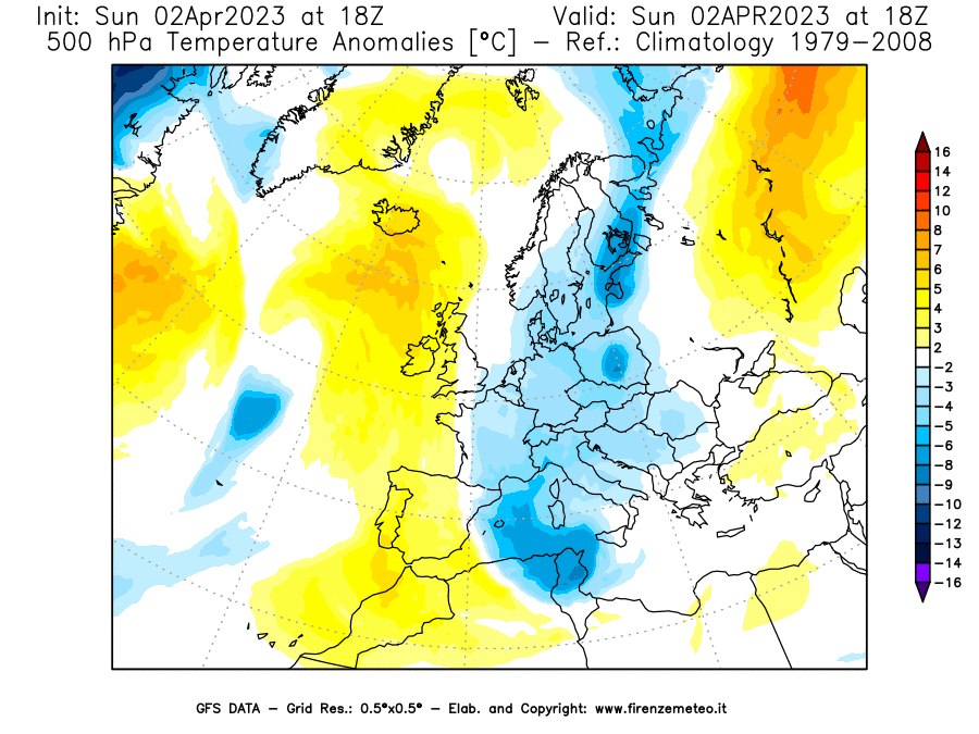 Mappa di analisi GFS - Anomalia Temperatura [°C] a 500 hPa in Europa
							del 02/04/2023 18 <!--googleoff: index-->UTC<!--googleon: index-->