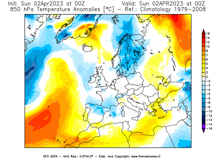 Mappa di analisi GFS - Anomalia Temperatura [°C] a 850 hPa in Europa
							del 02/04/2023 00 <!--googleoff: index-->UTC<!--googleon: index-->