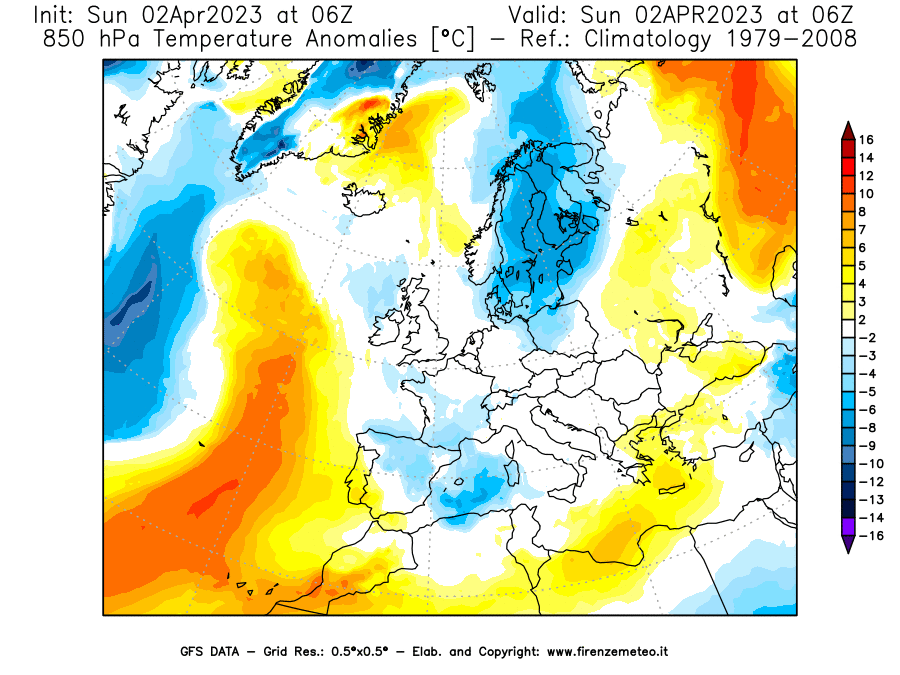 Mappa di analisi GFS - Anomalia Temperatura [°C] a 850 hPa in Europa
							del 02/04/2023 06 <!--googleoff: index-->UTC<!--googleon: index-->