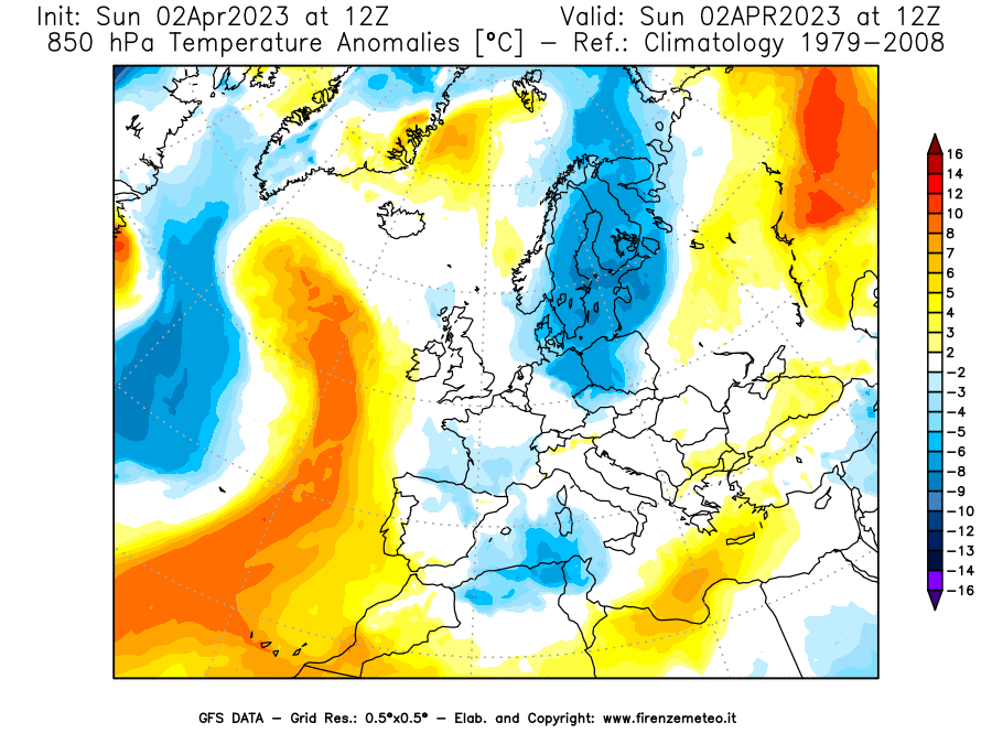 Mappa di analisi GFS - Anomalia Temperatura [°C] a 850 hPa in Europa
							del 02/04/2023 12 <!--googleoff: index-->UTC<!--googleon: index-->