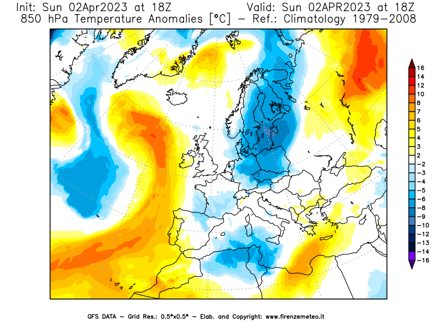 Mappa di analisi GFS - Anomalia Temperatura [°C] a 850 hPa in Europa
							del 02/04/2023 18 <!--googleoff: index-->UTC<!--googleon: index-->