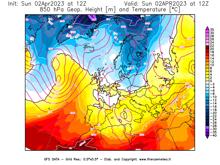 GFS analysi map - Geopotential [m] and Temperature [°C] at 850 hPa in Europe
									on 02/04/2023 12 <!--googleoff: index-->UTC<!--googleon: index-->