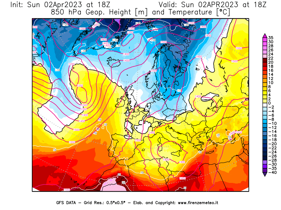 Mappa di analisi GFS - Geopotenziale [m] e Temperatura [°C] a 850 hPa in Europa
							del 02/04/2023 18 <!--googleoff: index-->UTC<!--googleon: index-->