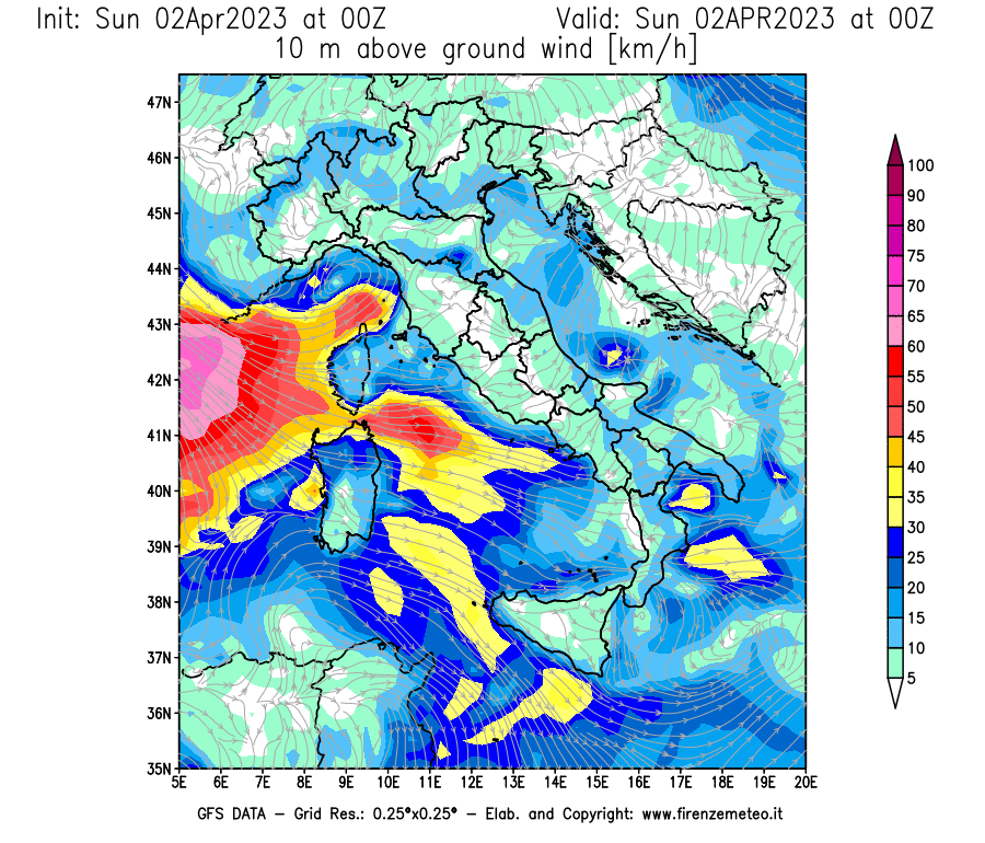 Mappa di analisi GFS - Velocità del vento a 10 metri dal suolo [km/h] in Italia
							del 02/04/2023 00 <!--googleoff: index-->UTC<!--googleon: index-->