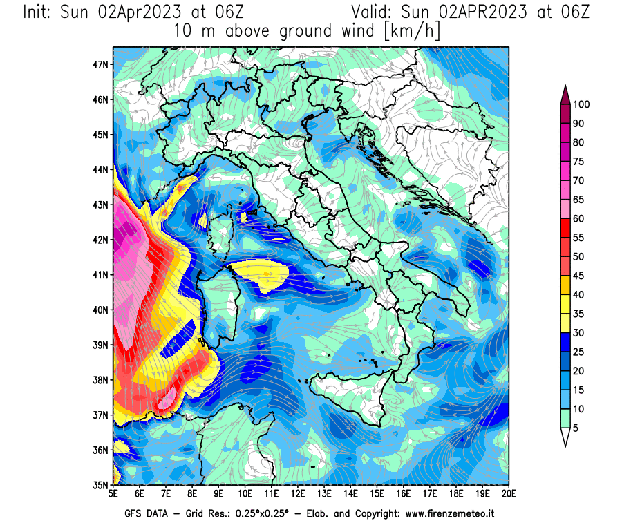 GFS analysi map - Wind Speed at 10 m above ground [km/h] in Italy
									on 02/04/2023 06 <!--googleoff: index-->UTC<!--googleon: index-->