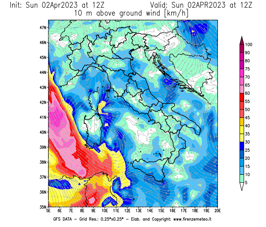 GFS analysi map - Wind Speed at 10 m above ground [km/h] in Italy
									on 02/04/2023 12 <!--googleoff: index-->UTC<!--googleon: index-->