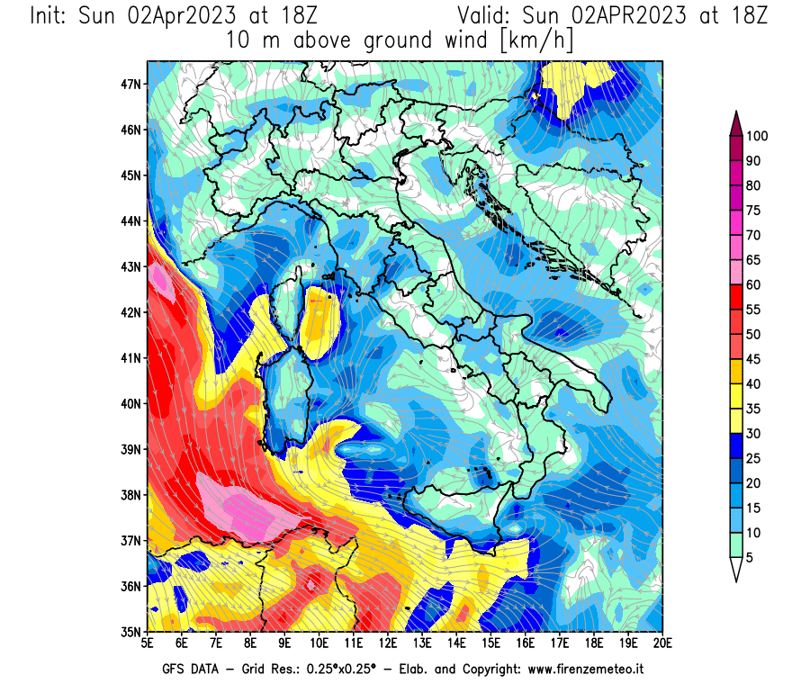GFS analysi map - Wind Speed at 10 m above ground [km/h] in Italy
									on 02/04/2023 18 <!--googleoff: index-->UTC<!--googleon: index-->