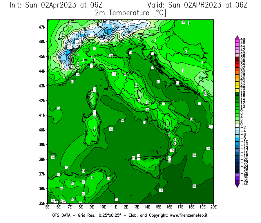 Mappa di analisi GFS - Temperatura a 2 metri dal suolo [°C] in Italia
							del 02/04/2023 06 <!--googleoff: index-->UTC<!--googleon: index-->