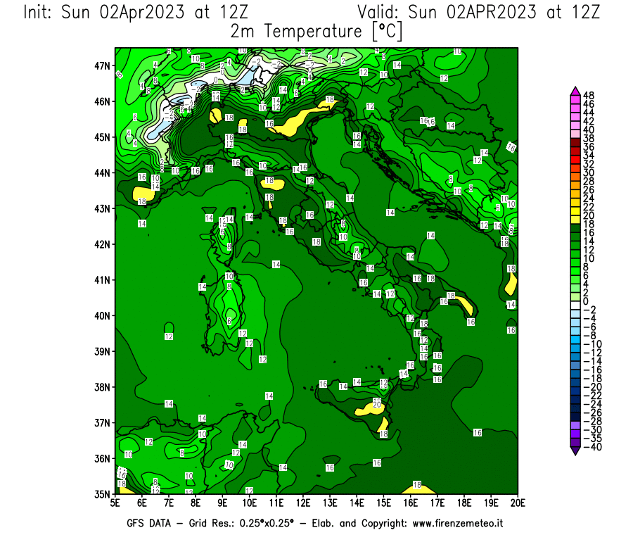 GFS analysi map - Temperature at 2 m above ground [°C] in Italy
									on 02/04/2023 12 <!--googleoff: index-->UTC<!--googleon: index-->