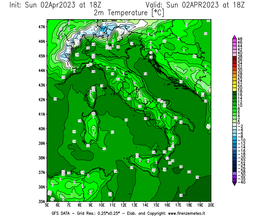 GFS analysi map - Temperature at 2 m above ground [°C] in Italy
									on 02/04/2023 18 <!--googleoff: index-->UTC<!--googleon: index-->