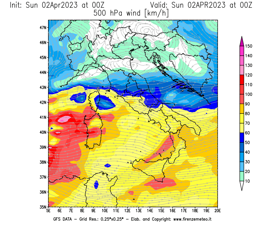 Mappa di analisi GFS - Velocità del vento a 500 hPa [km/h] in Italia
							del 02/04/2023 00 <!--googleoff: index-->UTC<!--googleon: index-->