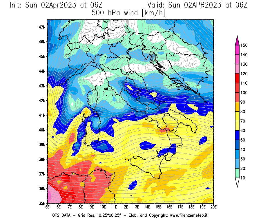 Mappa di analisi GFS - Velocità del vento a 500 hPa [km/h] in Italia
							del 02/04/2023 06 <!--googleoff: index-->UTC<!--googleon: index-->