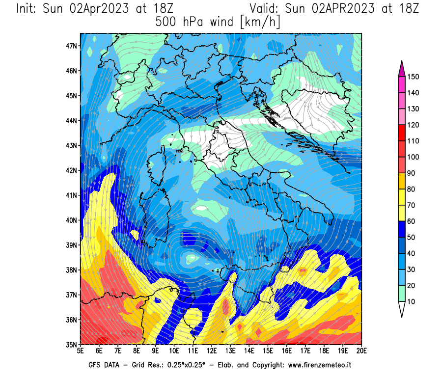 Mappa di analisi GFS - Velocità del vento a 500 hPa [km/h] in Italia
							del 02/04/2023 18 <!--googleoff: index-->UTC<!--googleon: index-->