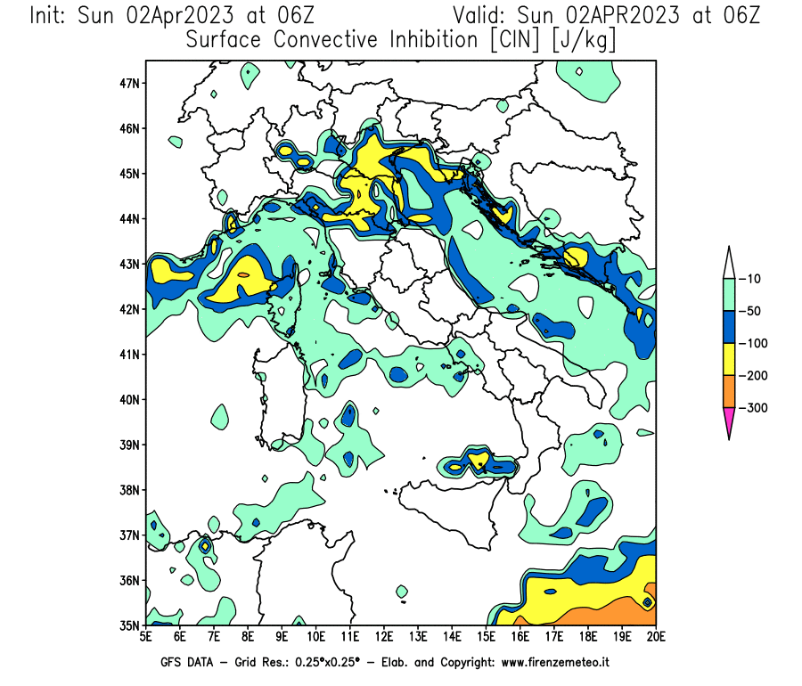 GFS analysi map - CIN [J/kg] in Italy
									on 02/04/2023 06 <!--googleoff: index-->UTC<!--googleon: index-->