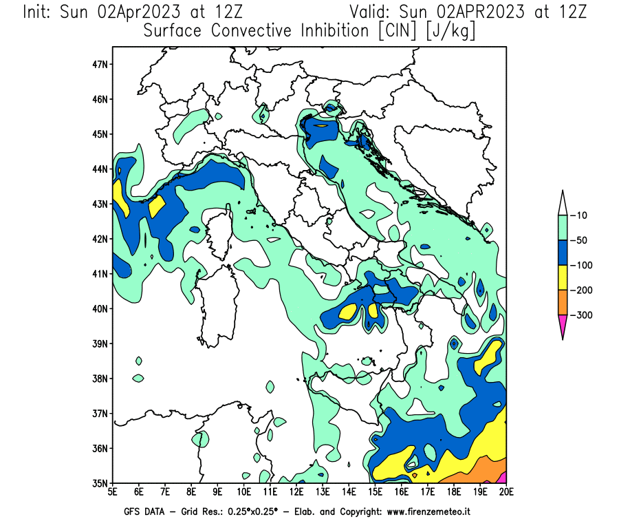 Mappa di analisi GFS - CIN [J/kg] in Italia
							del 02/04/2023 12 <!--googleoff: index-->UTC<!--googleon: index-->