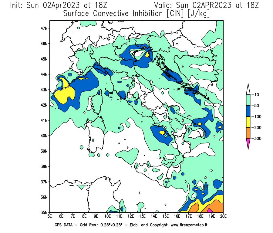 GFS analysi map - CIN [J/kg] in Italy
									on 02/04/2023 18 <!--googleoff: index-->UTC<!--googleon: index-->