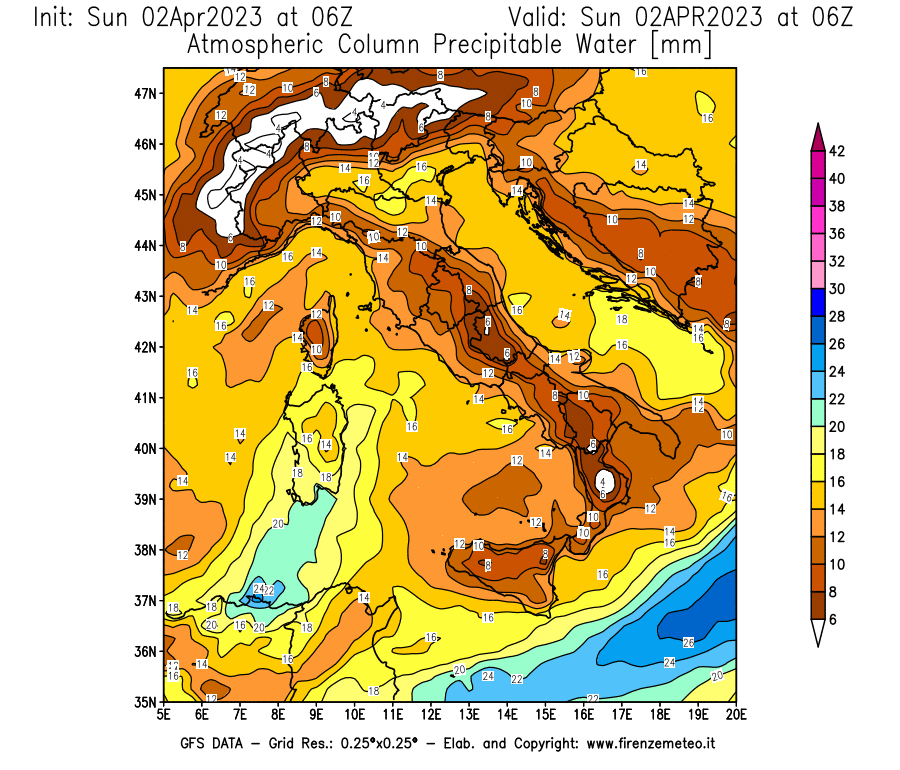 GFS analysi map - Precipitable Water [mm] in Italy
									on 02/04/2023 06 <!--googleoff: index-->UTC<!--googleon: index-->