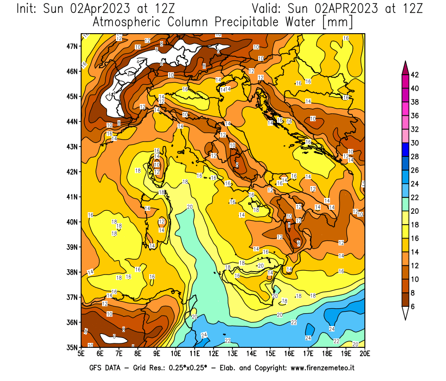 GFS analysi map - Precipitable Water [mm] in Italy
									on 02/04/2023 12 <!--googleoff: index-->UTC<!--googleon: index-->