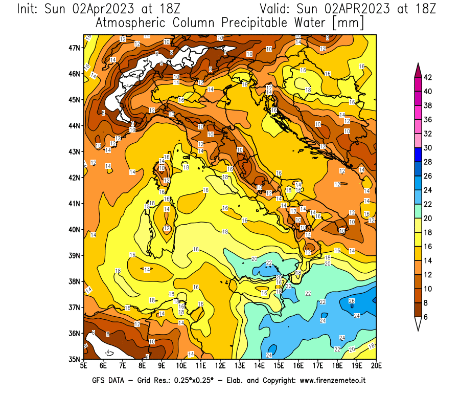 GFS analysi map - Precipitable Water [mm] in Italy
									on 02/04/2023 18 <!--googleoff: index-->UTC<!--googleon: index-->