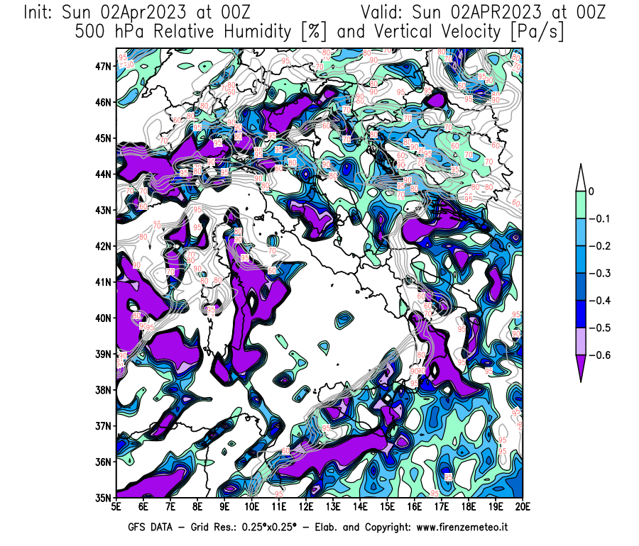 Mappa di analisi GFS - Umidità relativa [%] e Omega [Pa/s] a 500 hPa in Italia
							del 02/04/2023 00 <!--googleoff: index-->UTC<!--googleon: index-->