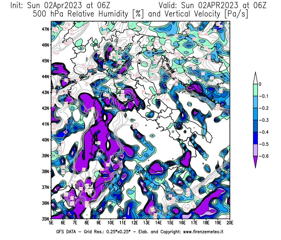 Mappa di analisi GFS - Umidità relativa [%] e Omega [Pa/s] a 500 hPa in Italia
							del 02/04/2023 06 <!--googleoff: index-->UTC<!--googleon: index-->