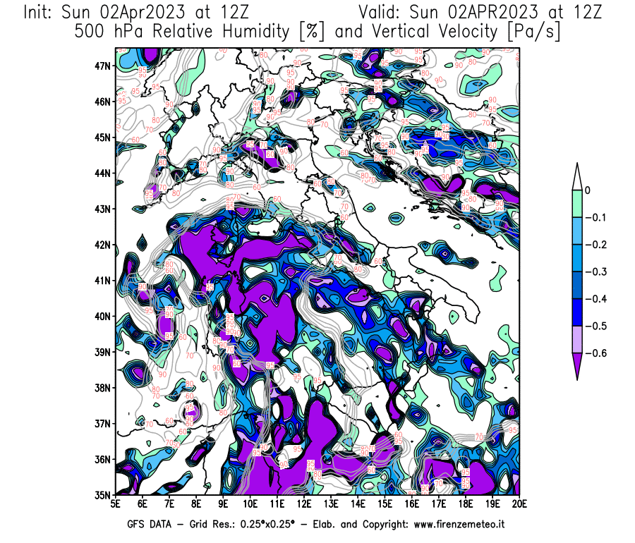 Mappa di analisi GFS - Umidità relativa [%] e Omega [Pa/s] a 500 hPa in Italia
							del 02/04/2023 12 <!--googleoff: index-->UTC<!--googleon: index-->