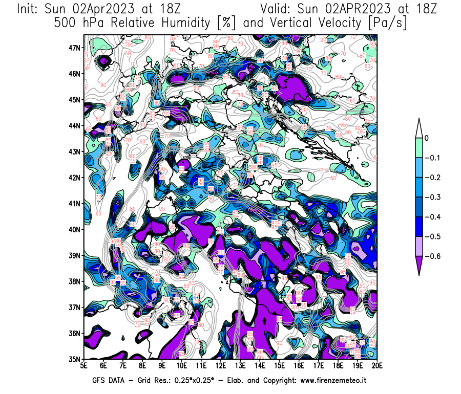 GFS analysi map - Relative Umidity [%] and Omega [Pa/s] at 500 hPa in Italy
									on 02/04/2023 18 <!--googleoff: index-->UTC<!--googleon: index-->