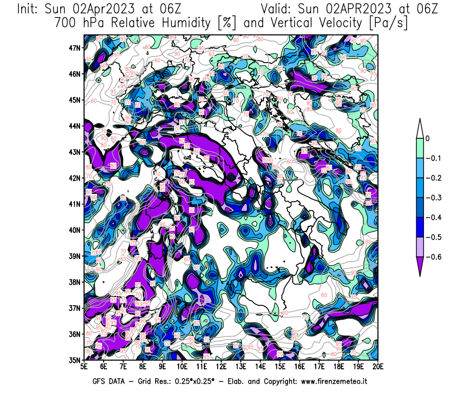 Mappa di analisi GFS - Umidità relativa [%] e Omega [Pa/s] a 700 hPa in Italia
							del 02/04/2023 06 <!--googleoff: index-->UTC<!--googleon: index-->