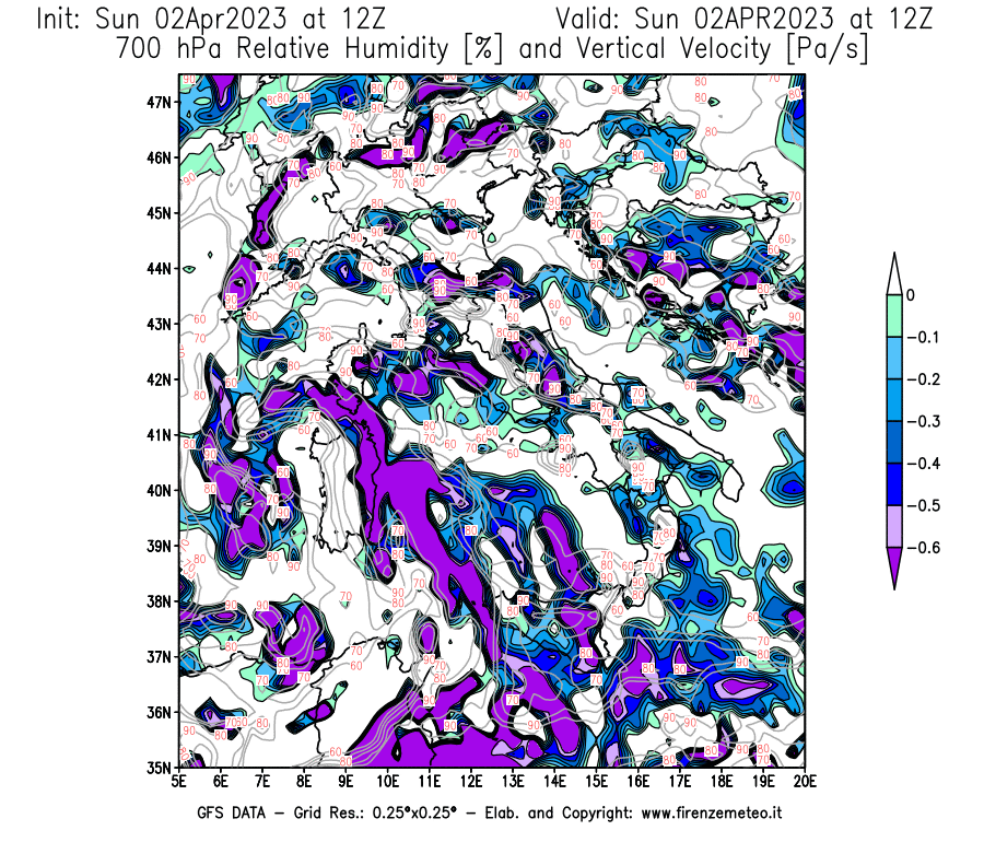 GFS analysi map - Relative Umidity [%] and Omega [Pa/s] at 700 hPa in Italy
									on 02/04/2023 12 <!--googleoff: index-->UTC<!--googleon: index-->