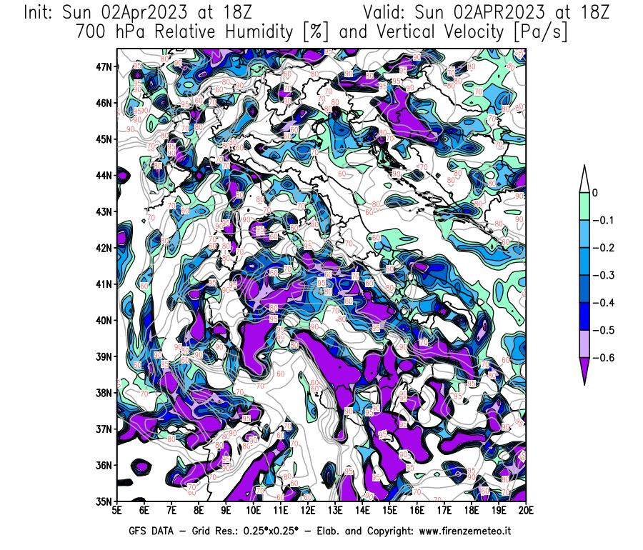 Mappa di analisi GFS - Umidità relativa [%] e Omega [Pa/s] a 700 hPa in Italia
							del 02/04/2023 18 <!--googleoff: index-->UTC<!--googleon: index-->