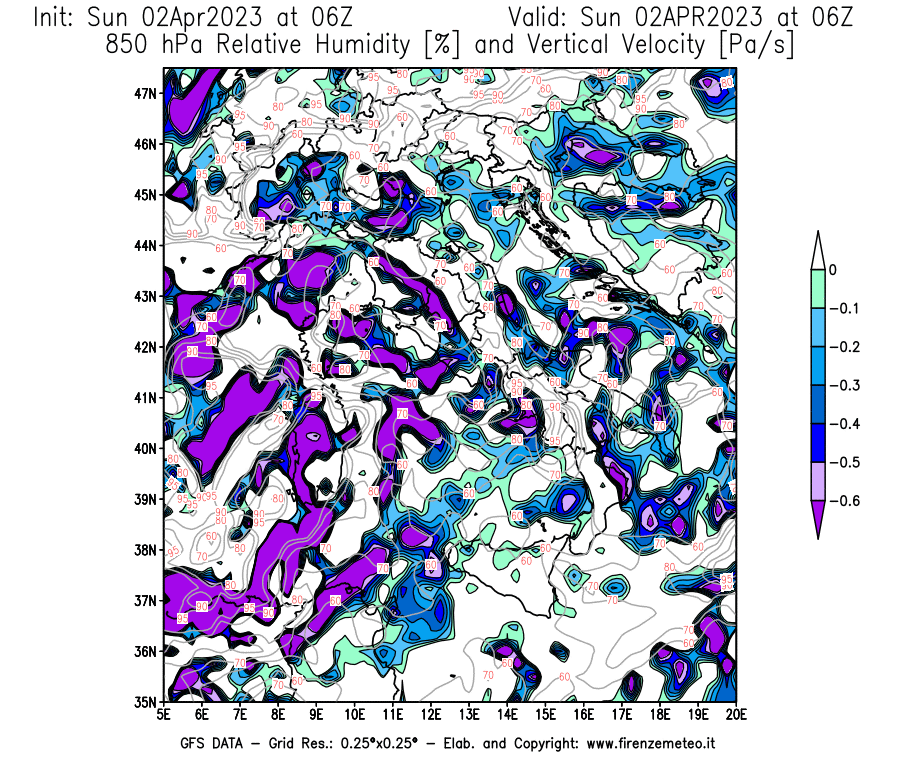 Mappa di analisi GFS - Umidità relativa [%] e Omega [Pa/s] a 850 hPa in Italia
							del 02/04/2023 06 <!--googleoff: index-->UTC<!--googleon: index-->
