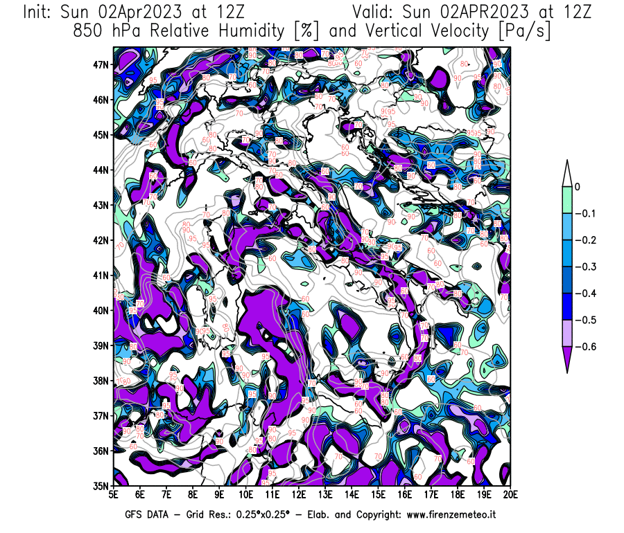 Mappa di analisi GFS - Umidità relativa [%] e Omega [Pa/s] a 850 hPa in Italia
							del 02/04/2023 12 <!--googleoff: index-->UTC<!--googleon: index-->