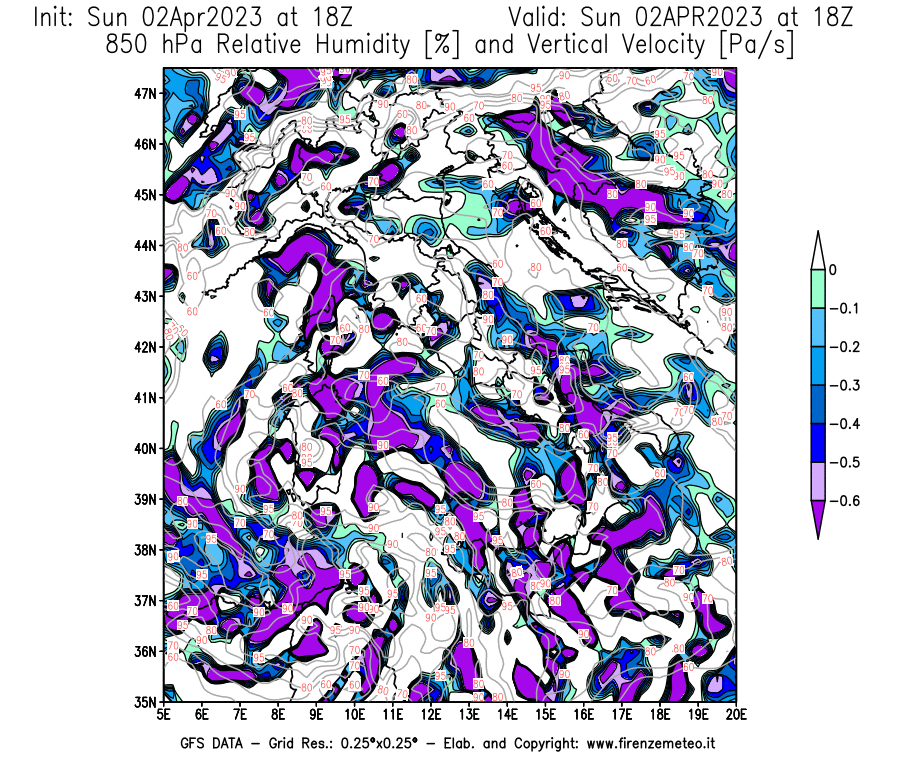 Mappa di analisi GFS - Umidità relativa [%] e Omega [Pa/s] a 850 hPa in Italia
							del 02/04/2023 18 <!--googleoff: index-->UTC<!--googleon: index-->