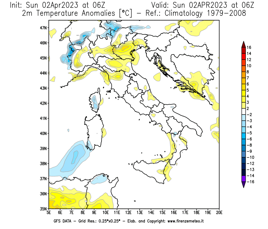 Mappa di analisi GFS - Anomalia Temperatura [°C] a 2 m in Italia
							del 02/04/2023 06 <!--googleoff: index-->UTC<!--googleon: index-->