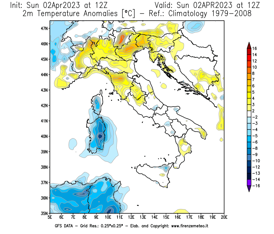 Mappa di analisi GFS - Anomalia Temperatura [°C] a 2 m in Italia
							del 02/04/2023 12 <!--googleoff: index-->UTC<!--googleon: index-->