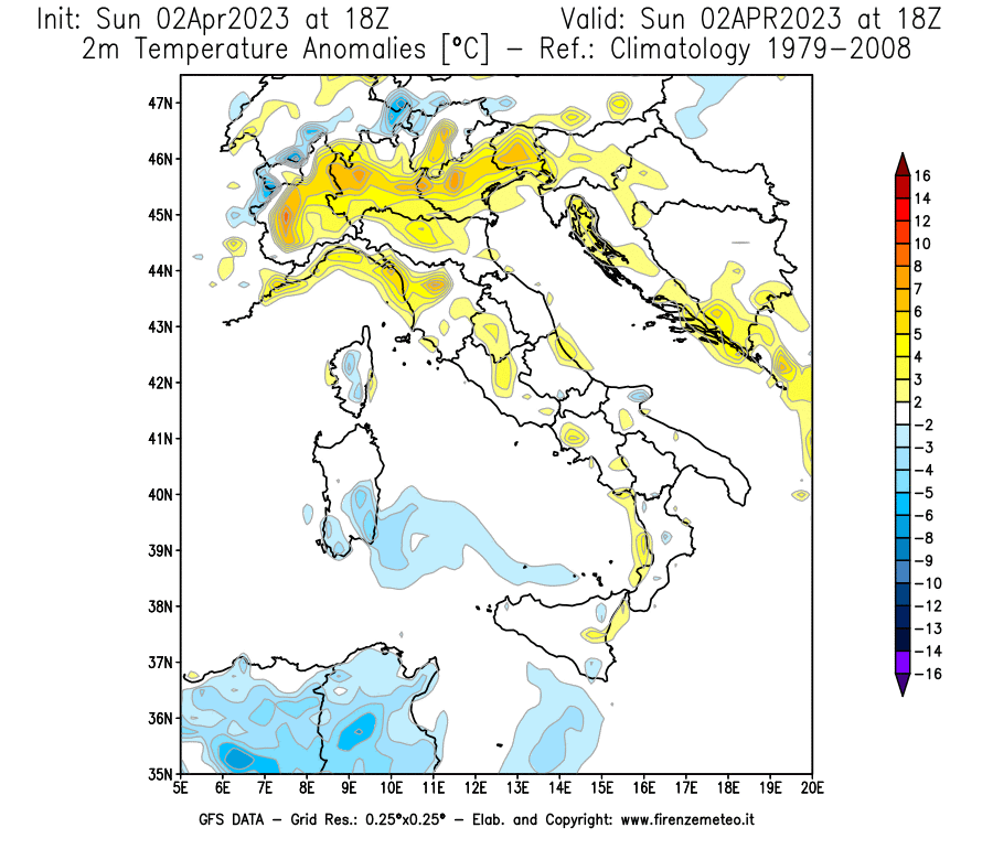 Mappa di analisi GFS - Anomalia Temperatura [°C] a 2 m in Italia
							del 02/04/2023 18 <!--googleoff: index-->UTC<!--googleon: index-->