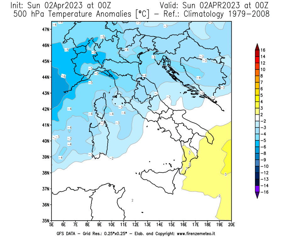 Mappa di analisi GFS - Anomalia Temperatura [°C] a 500 hPa in Italia
							del 02/04/2023 00 <!--googleoff: index-->UTC<!--googleon: index-->