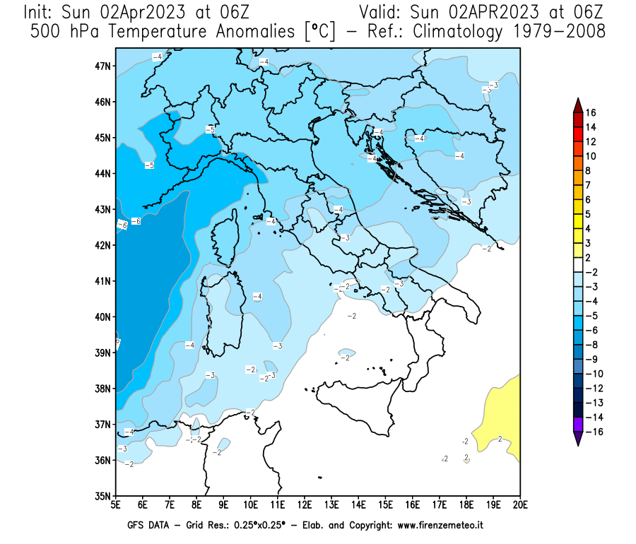 Mappa di analisi GFS - Anomalia Temperatura [°C] a 500 hPa in Italia
							del 02/04/2023 06 <!--googleoff: index-->UTC<!--googleon: index-->