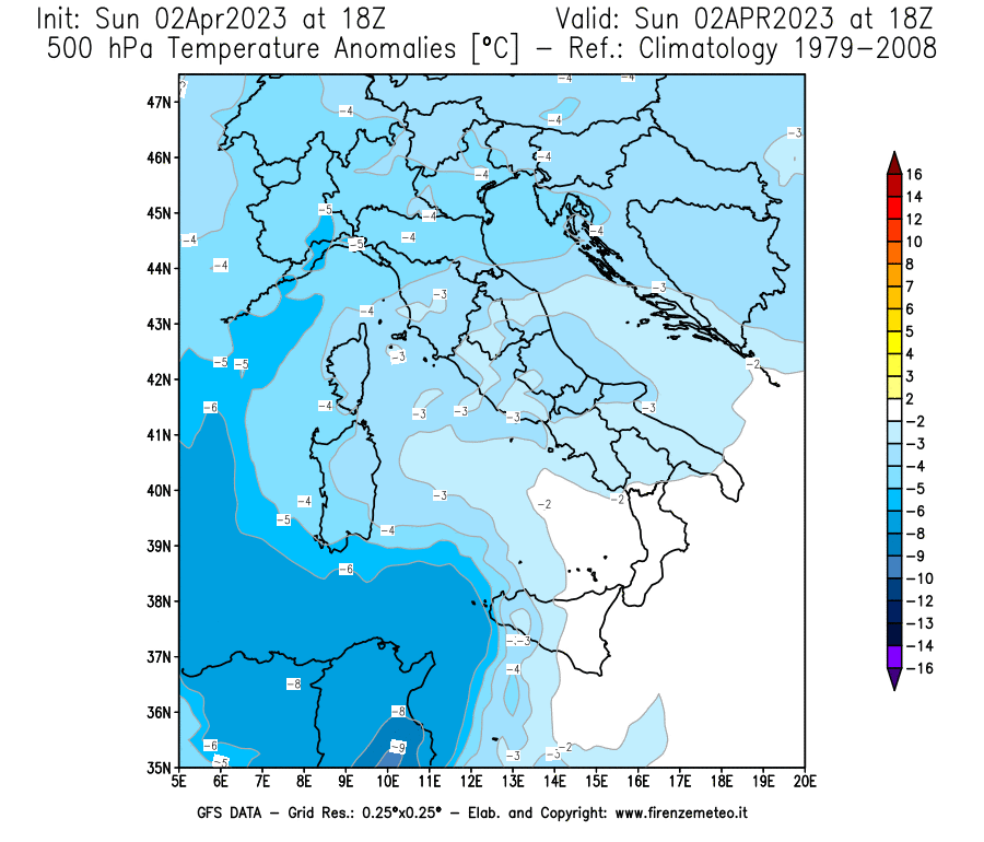 Mappa di analisi GFS - Anomalia Temperatura [°C] a 500 hPa in Italia
							del 02/04/2023 18 <!--googleoff: index-->UTC<!--googleon: index-->