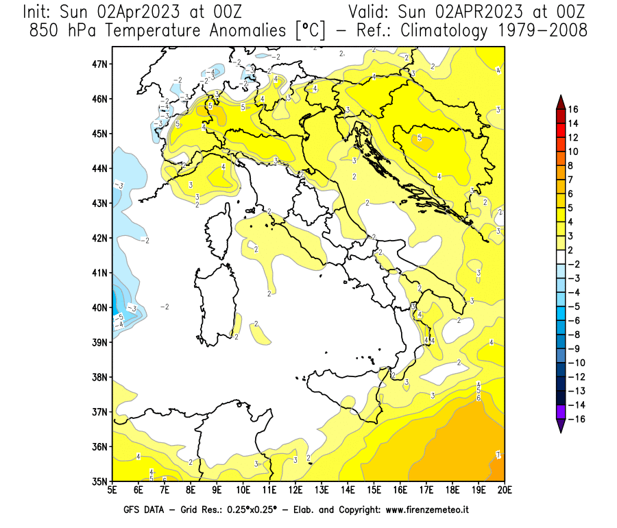 GFS analysi map - Temperature Anomalies [°C] at 850 hPa in Italy
									on 02/04/2023 00 <!--googleoff: index-->UTC<!--googleon: index-->