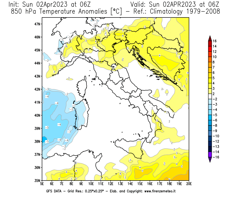 Mappa di analisi GFS - Anomalia Temperatura [°C] a 850 hPa in Italia
							del 02/04/2023 06 <!--googleoff: index-->UTC<!--googleon: index-->
