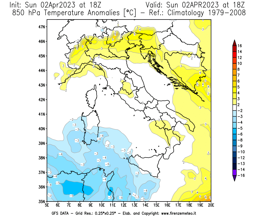 Mappa di analisi GFS - Anomalia Temperatura [°C] a 850 hPa in Italia
							del 02/04/2023 18 <!--googleoff: index-->UTC<!--googleon: index-->